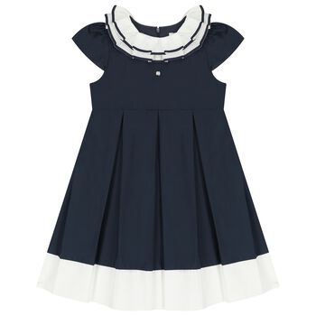 Girls Navy Blue Ruffled Collar Pleated Dress