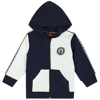 Younger Boys Navy & White Logo Zip Up Top