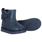 Girls Metallic Blue Faux Leather Bow Boots, 3, hi-res
