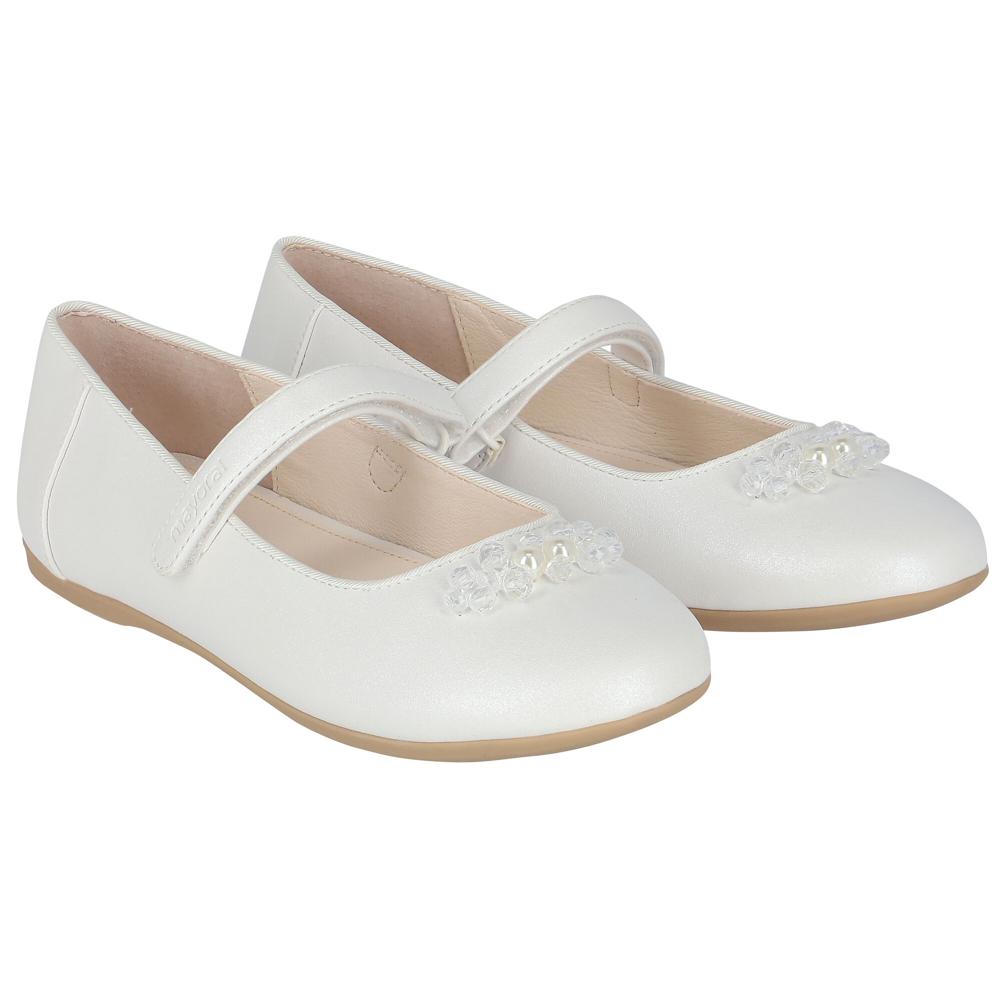 Mayoral Girls White Pearl Crystal Ballerina Shoes Junior Couture