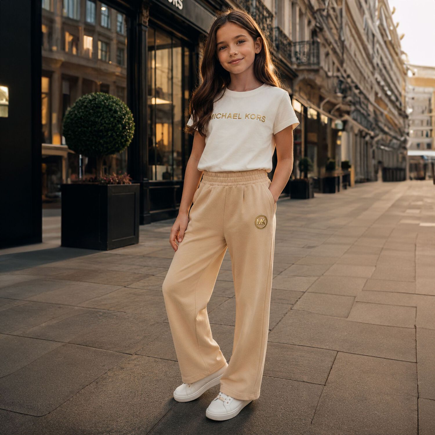 Girls Mini Me Beige Logo Trousers, 1, hi-res
