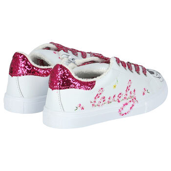 Girls White & Pink Disney Leather Trainers