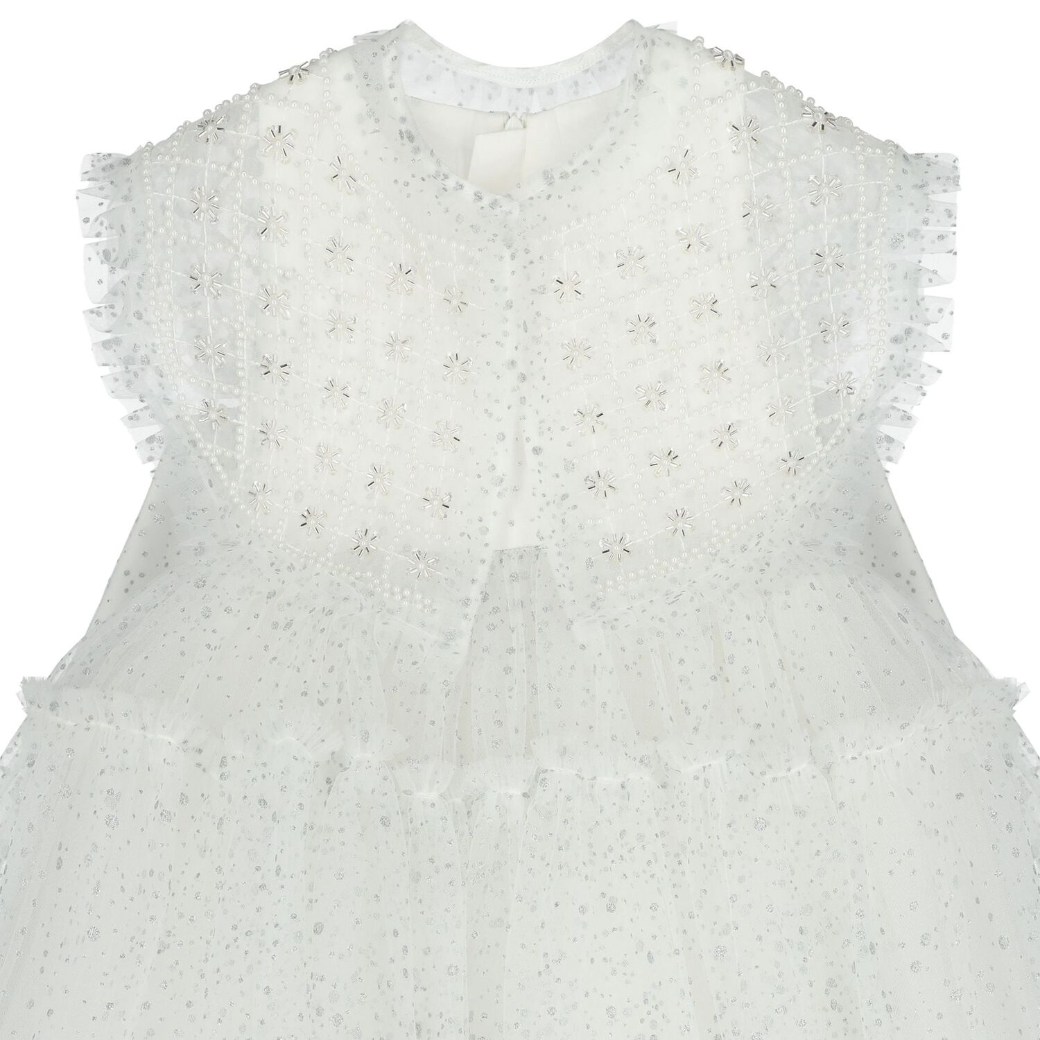 Girls White Embellished Tulle Dress, 1, hi-res