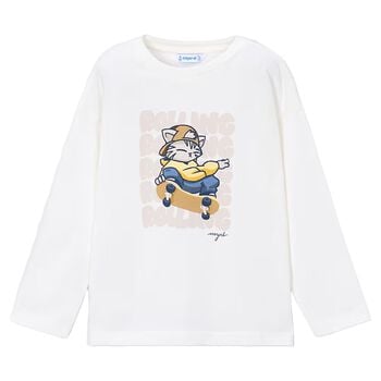 Boys Ivory Cat Long Sleeve Top