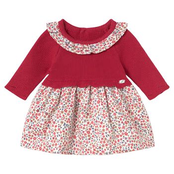 Baby Girls Red & White Floral Knitted Dress