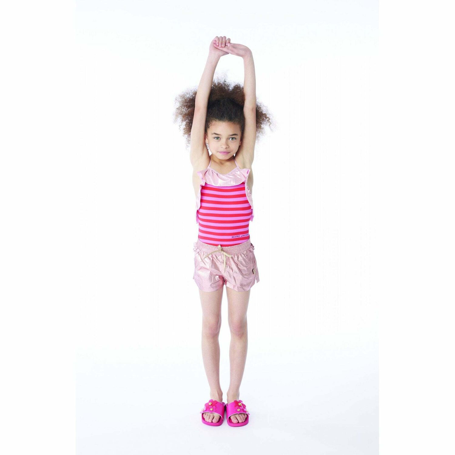 Girls Pink & Red Striped Logo Swimsuit, 1, hi-res image number null