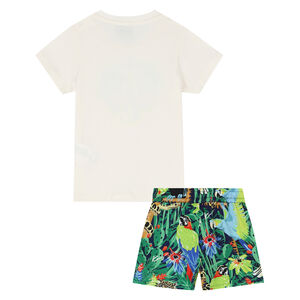 Younger Boys White and Green Logo Shorts Set