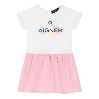 Younger Girls White & Pink Logo Dress