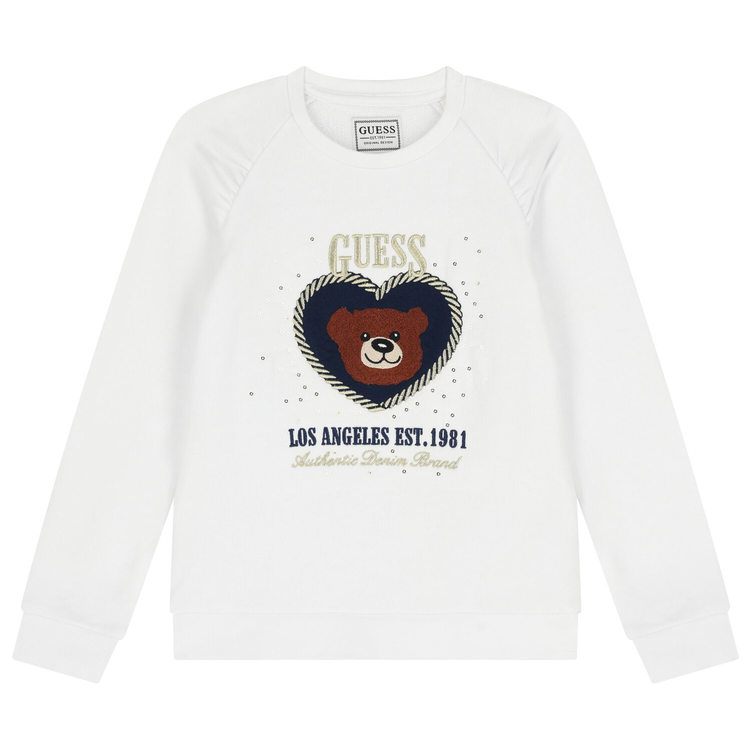 Girls White Teddy Bear Logo Sweatshirt, 1, hi-res
