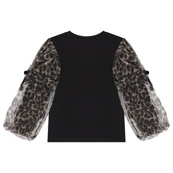 Girls Black Leopard Tulle Long Sleeve Top