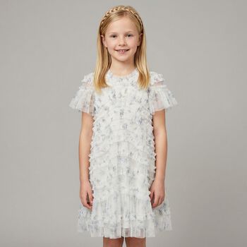 Girls White Floral Ruffled Tulle Dress