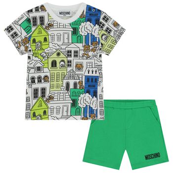 Younger Boys White & Green Logo Shorts Set