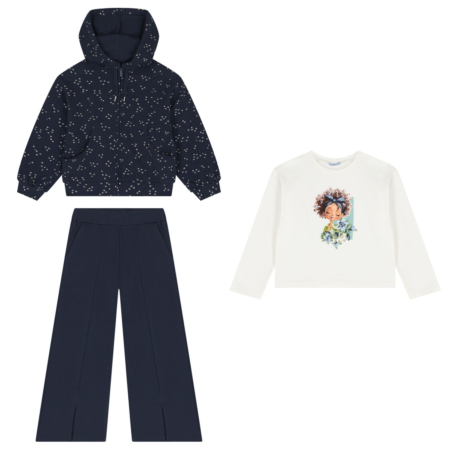 Girls White & Navy Blue Printed Tracksuit ( 3 Piece ), 1, hi-res