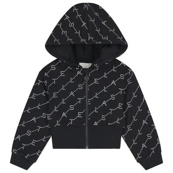 Girls Black Logo Hooded Zip Up Top