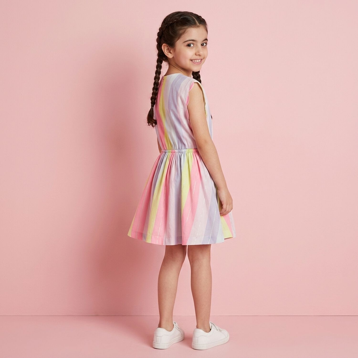 Girls Multi-Coloured Stripes Dress, 1, hi-res
