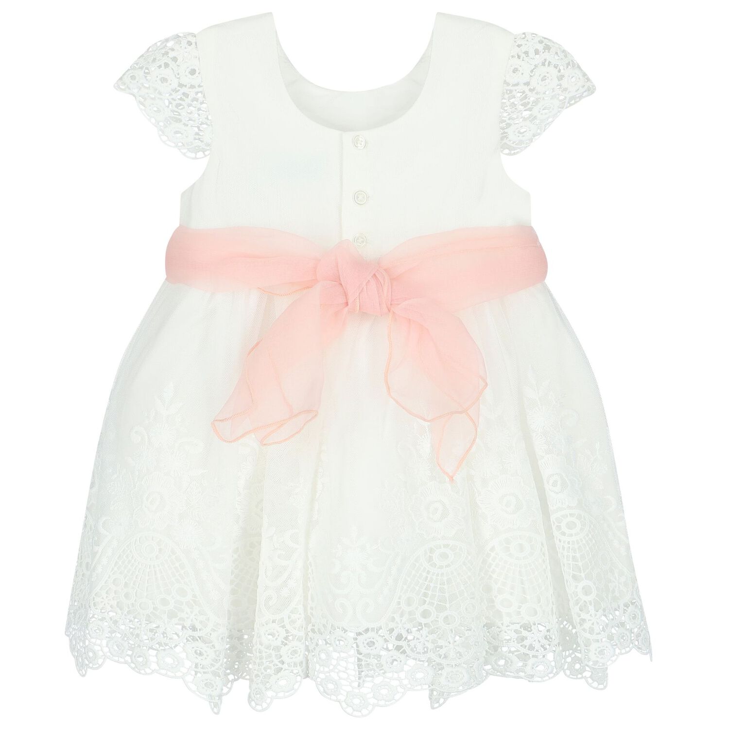 Younger Girls White Flower Lace & Tulle Dress, 1, hi-res