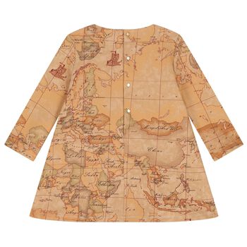 Girls Beige Geo Map Bow Dress