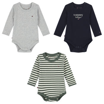 Baby Boys Navy, Grey & Green Logo Bodsuits (3-Pack)