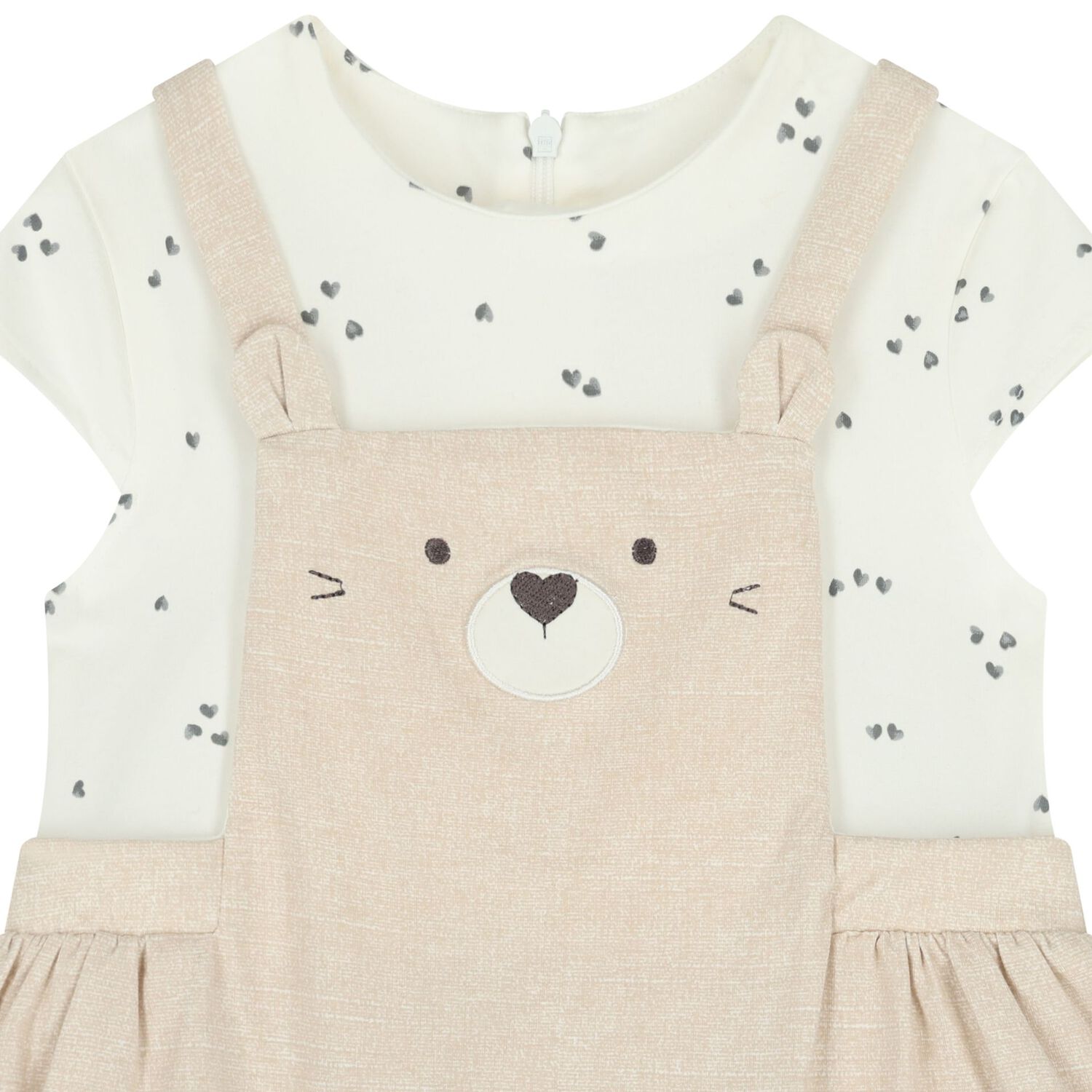 Baby Girls Beige & Ivory Teddy Bear Dungaree Dress Set, 1, hi-res