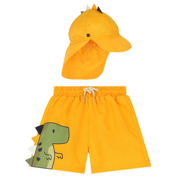 Younger Boys Orange Dinosaur Swim Shorts & Hat Set
