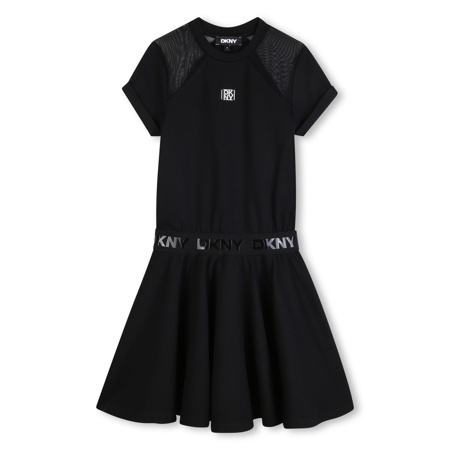 Girls Mini Me Black Scuba & Mesh Logo Dress, 1, hi-res