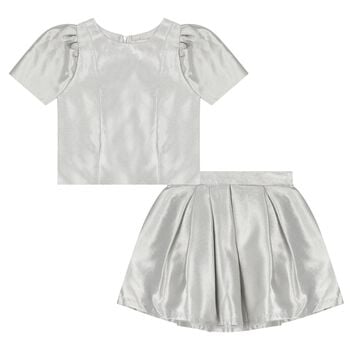 Girls Metallic Silver Bow Skirt Set