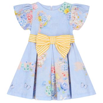 Girls Blue Floral & Bow Dress