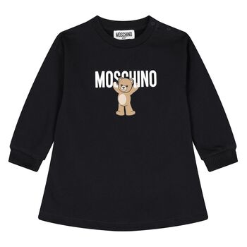 Younger Girls Black Teddy Bear Logo Dress