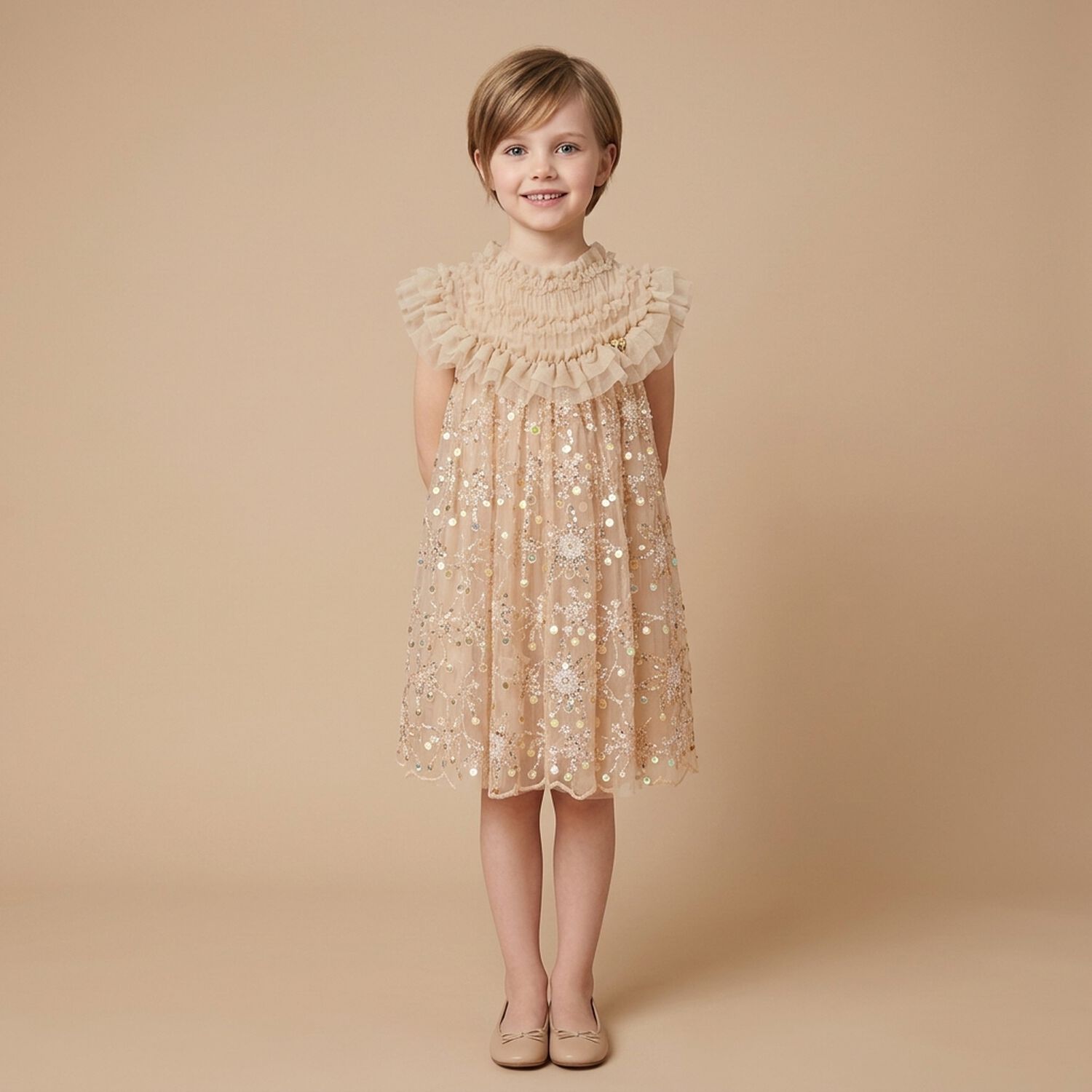Girls Gold Embellished Tulle Dress, 1, hi-res