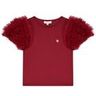 Girls Burgundy Tulle Sleeve T-Shirt, 3, hi-res