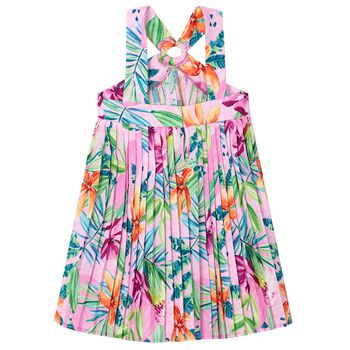 Girls Pink Tropical Pleated Crêpe Dress