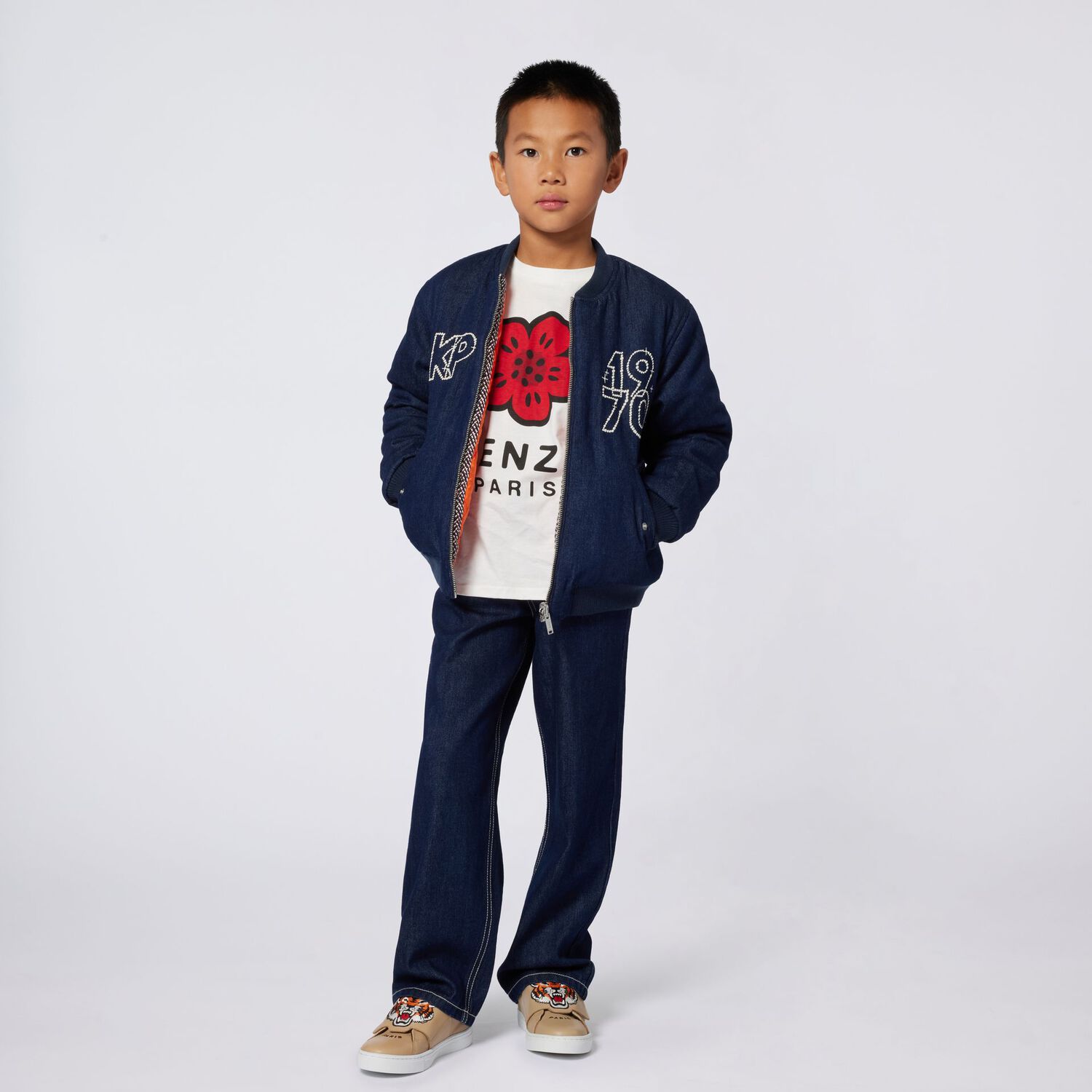 Beige Tiger Logo Trainers, 1, hi-res