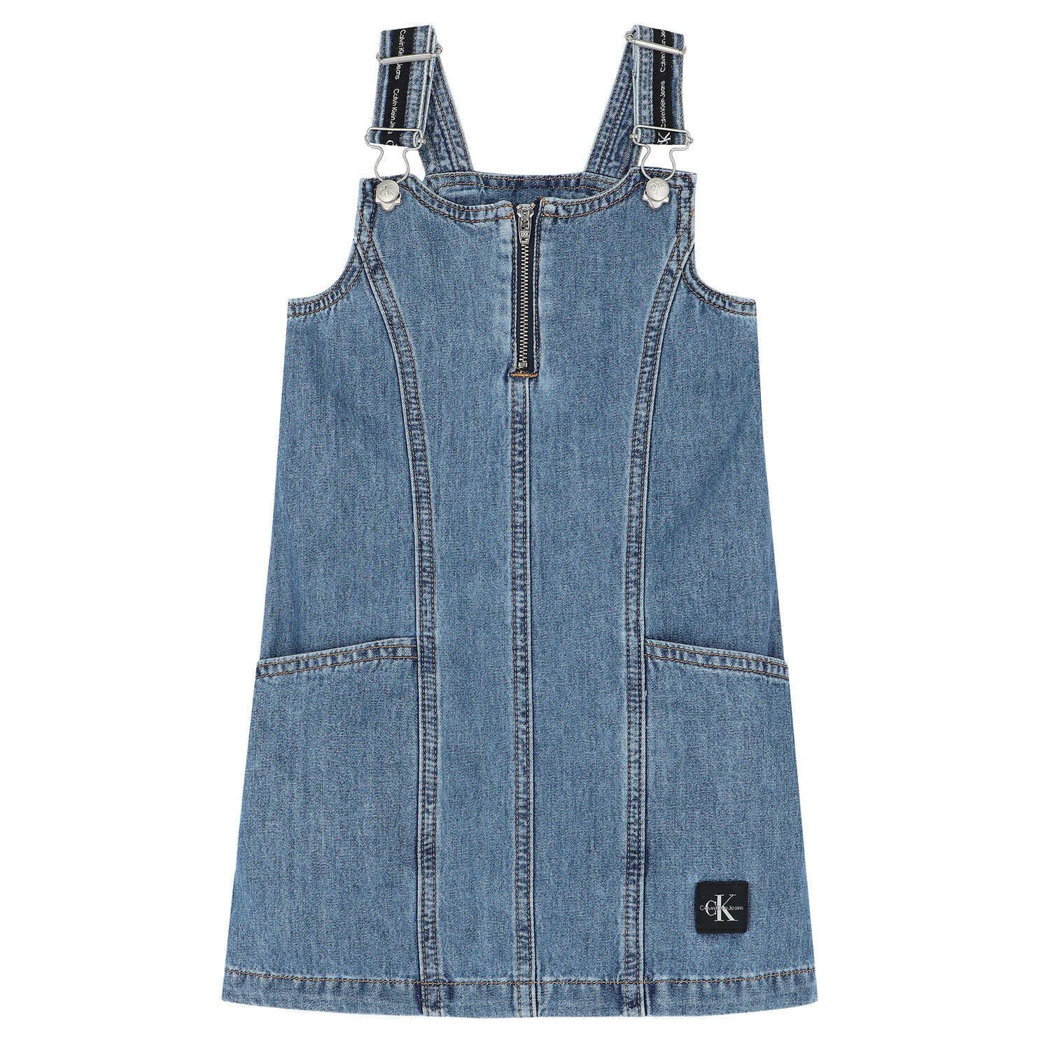 Girls Blue Denim Dungaree Dress, 1, hi-res