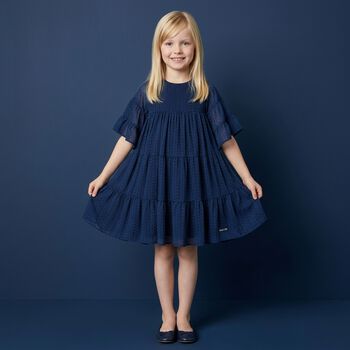 Girls Navy Blue Logo Tiered Dress