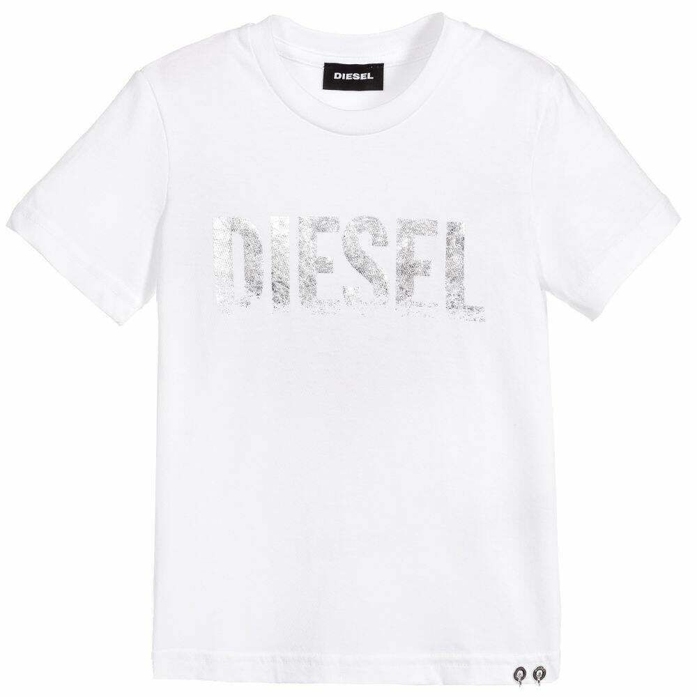 Diesel Girls White & Silver Logo T-Shirt