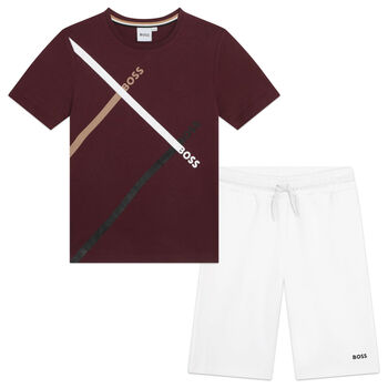 Boys White & Burgundy Shorts & T-Shirt Set