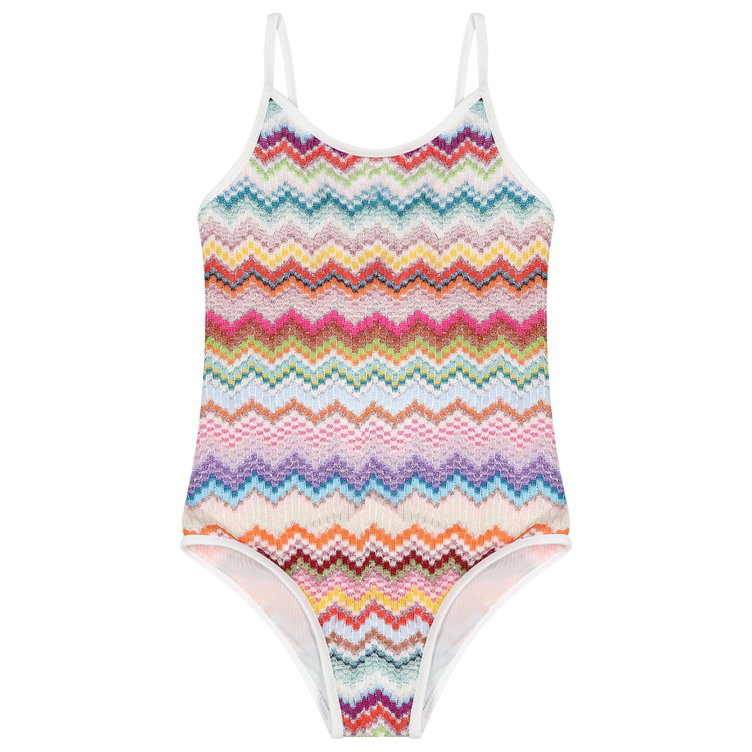 Girls Multi-Coloured Zig Zag Crochet Swimsuit, 1, hi-res