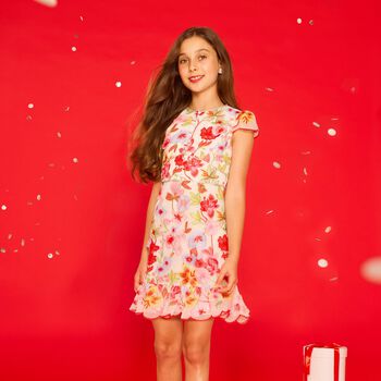 Girls Pink & Red Embroidered Floral Dress 