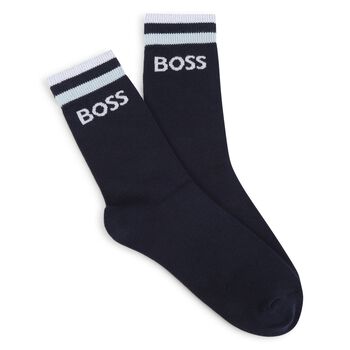 Boys White & Navy Blue Logo Socks ( 2-Pack )