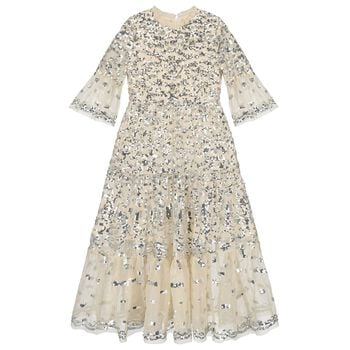 Girls Beige & Silver Sequin Maxi Dress