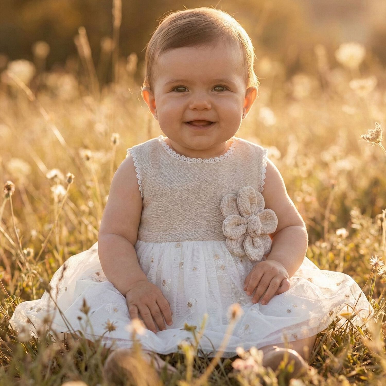Younger Girls Gold & White Flower Dress, 1, hi-res