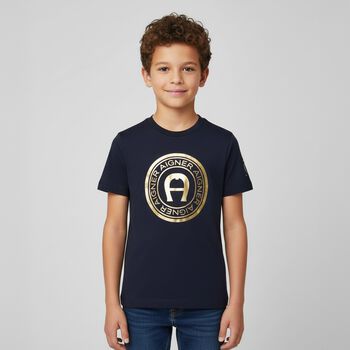 Boys Navy Blue & Gold Logo T-Shirt, 2 Boys Navy Blue & Gold Logo T-Shirt