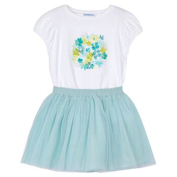 Girls White & Aqua Tulle Skirt Set