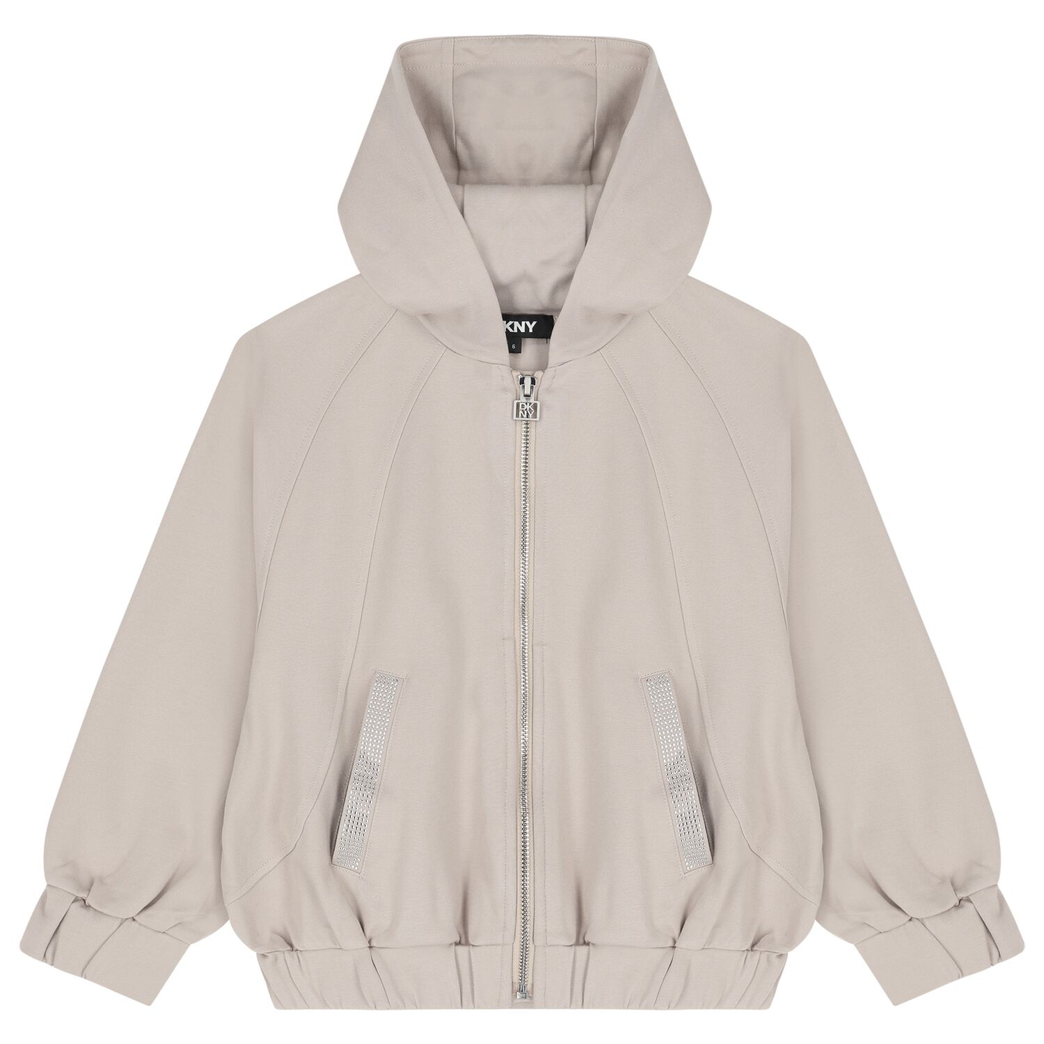 Girls Beige Embellished Hooded Zip Up Top, 1, hi-res