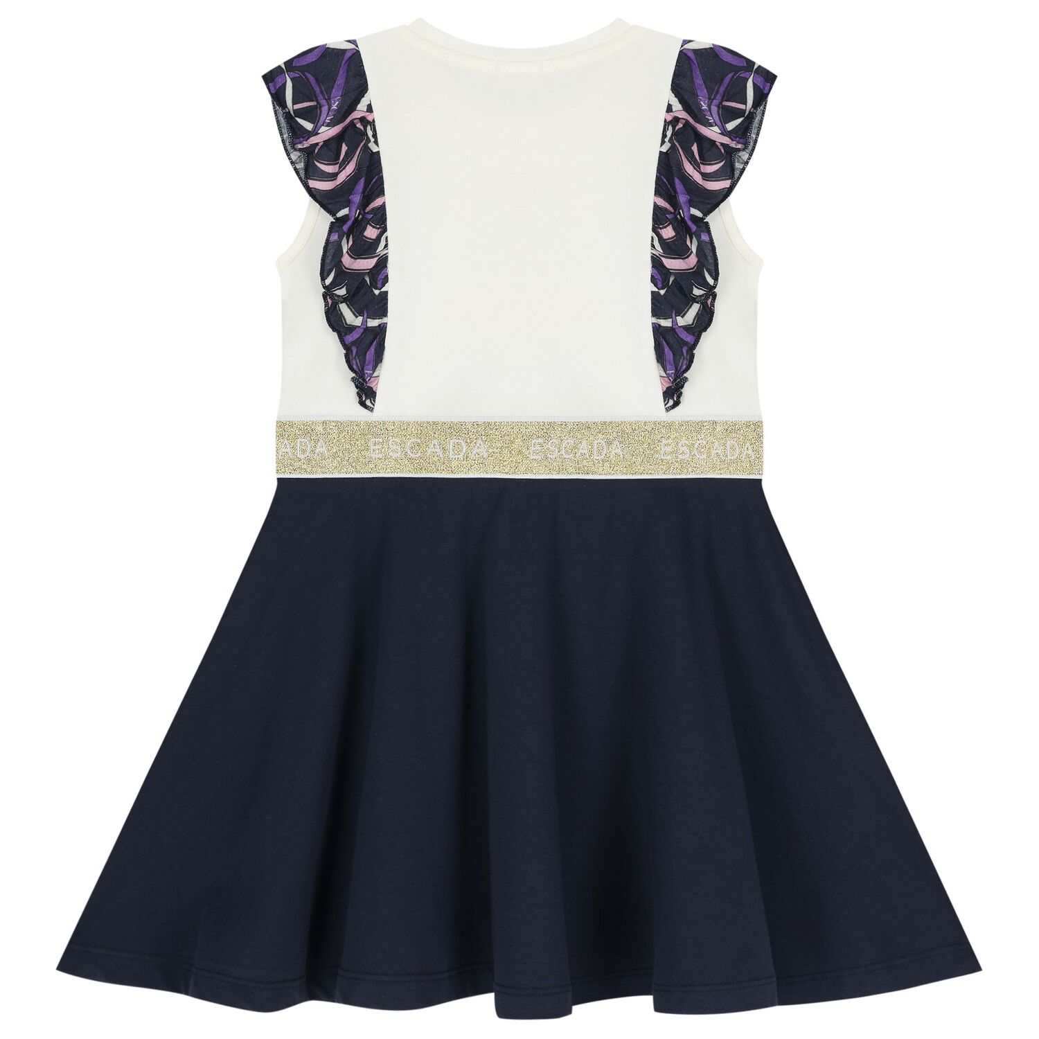 Girls Ivory & Navy Blue Ruffled Dress, 1, hi-res