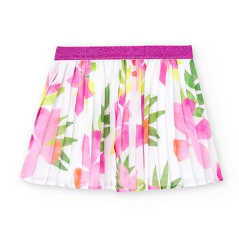 Girls Ivory & Pink Floral Pleated Skirt