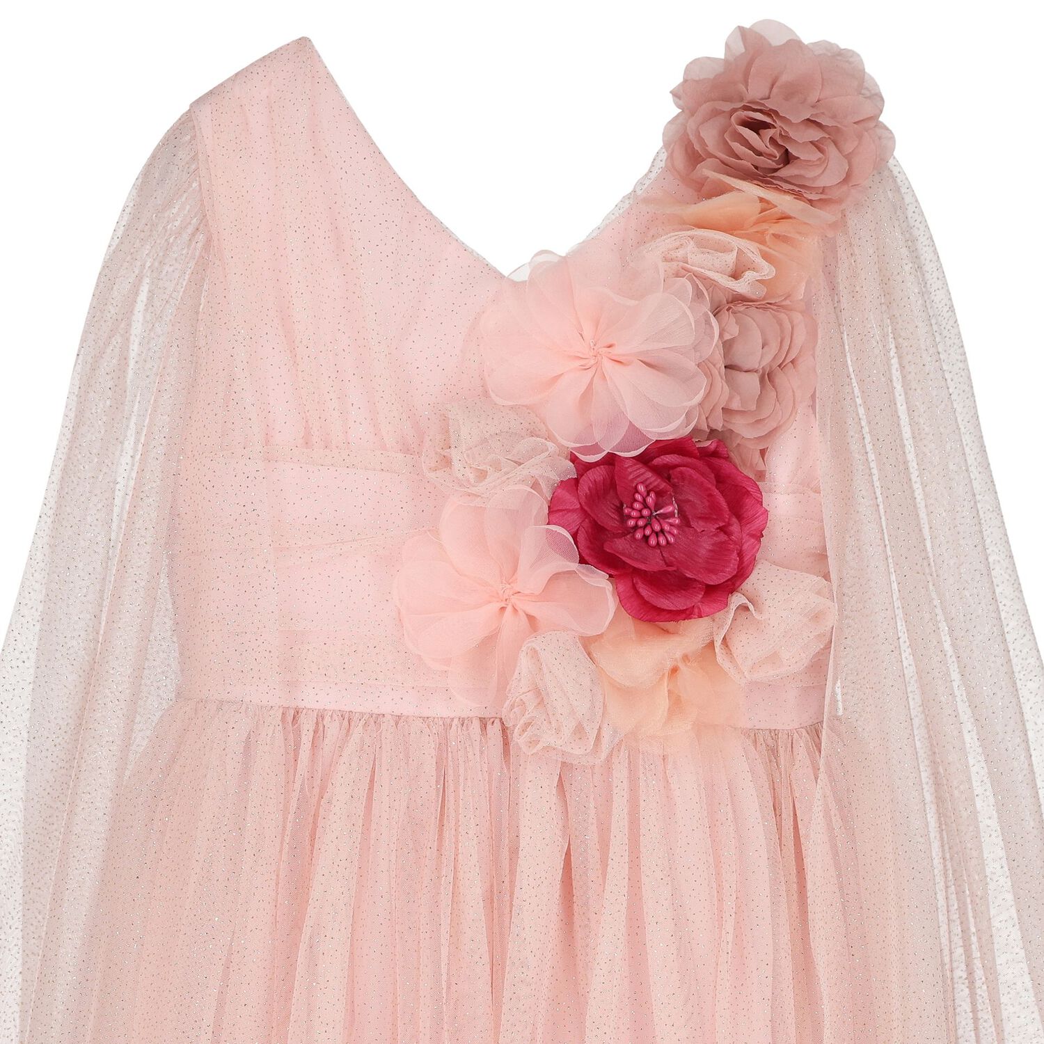 Girls Pink 3D Flower Tulle Cape Dress, 1, hi-res