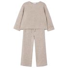 Girls Beige Knitted Trousers Set, 1, hi-res