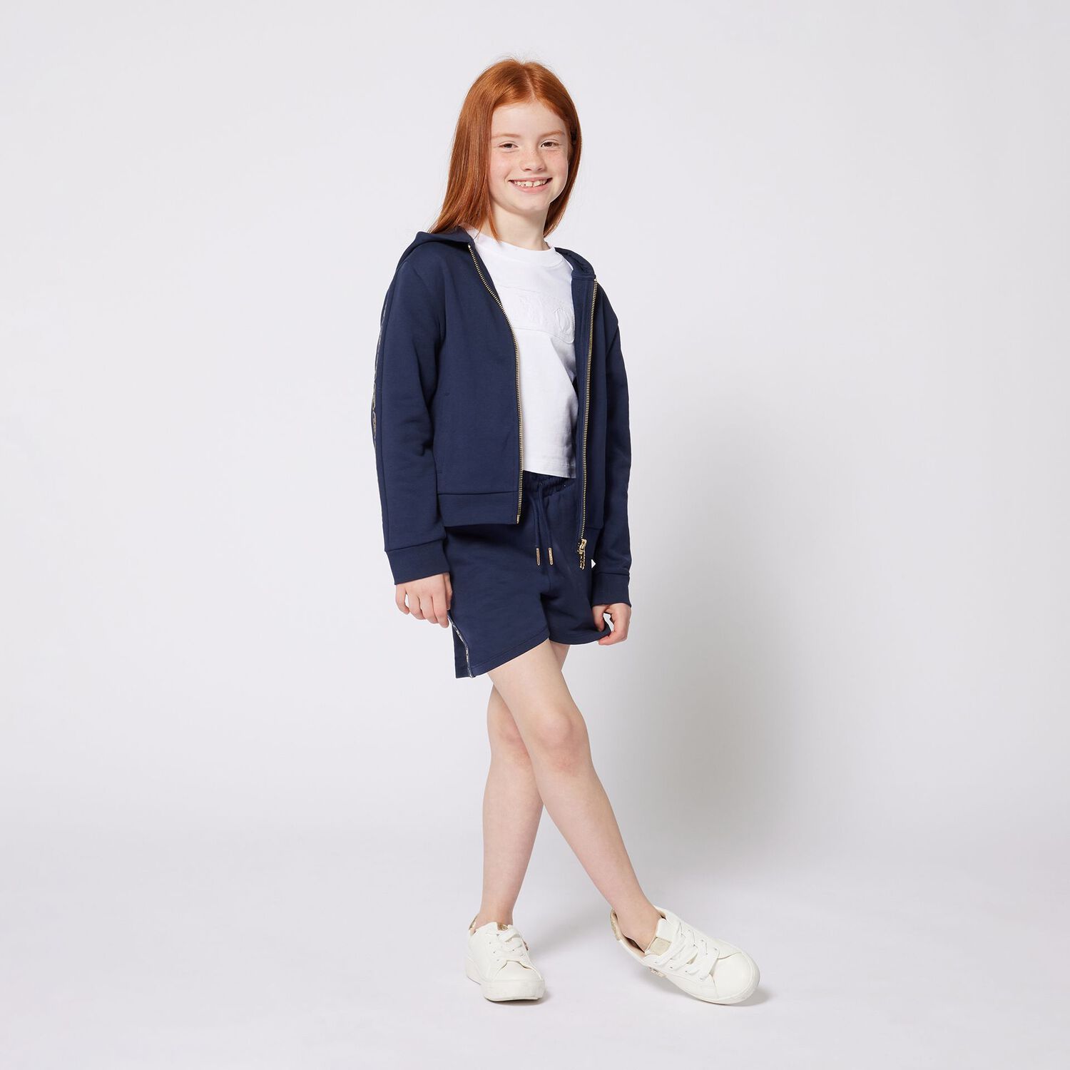 Girls Navy Blue Logo Hooded Zip Up Top, 2, hi-res image number null