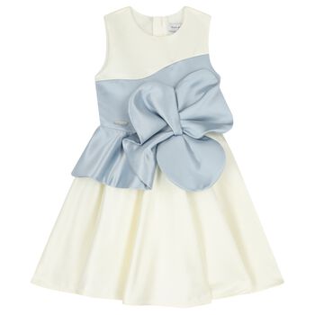 Girls Ivory & Blue Flower Satin Dress